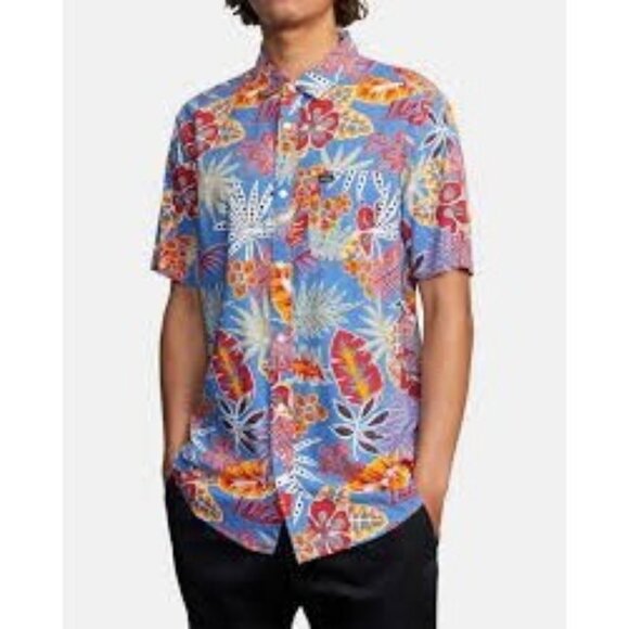 RVCA Men Aloha Size XL Extra Large Hawaiian Shirt Singapore Sling Blue Floral - Picture 1 of 9